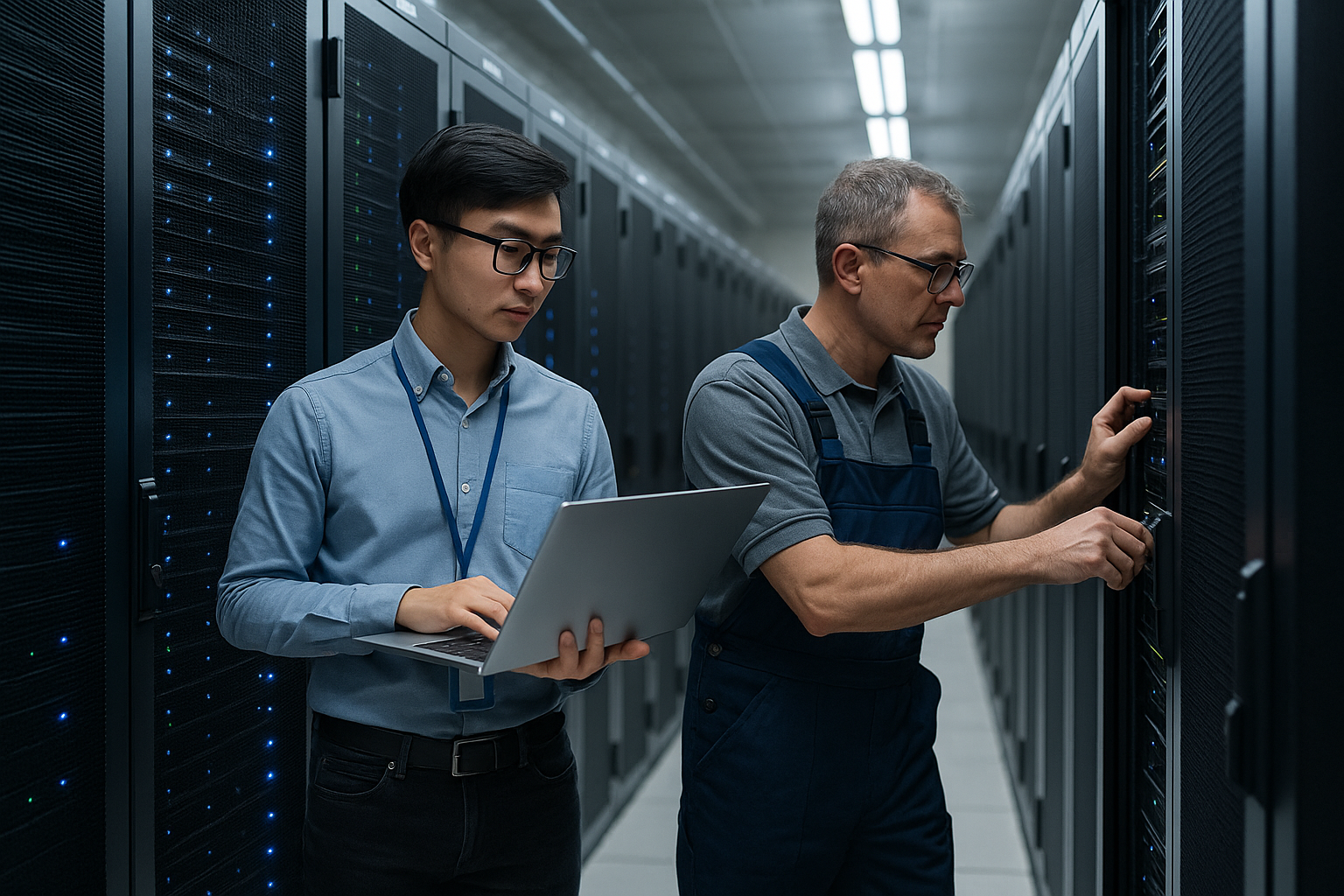 Engineers working in a server room