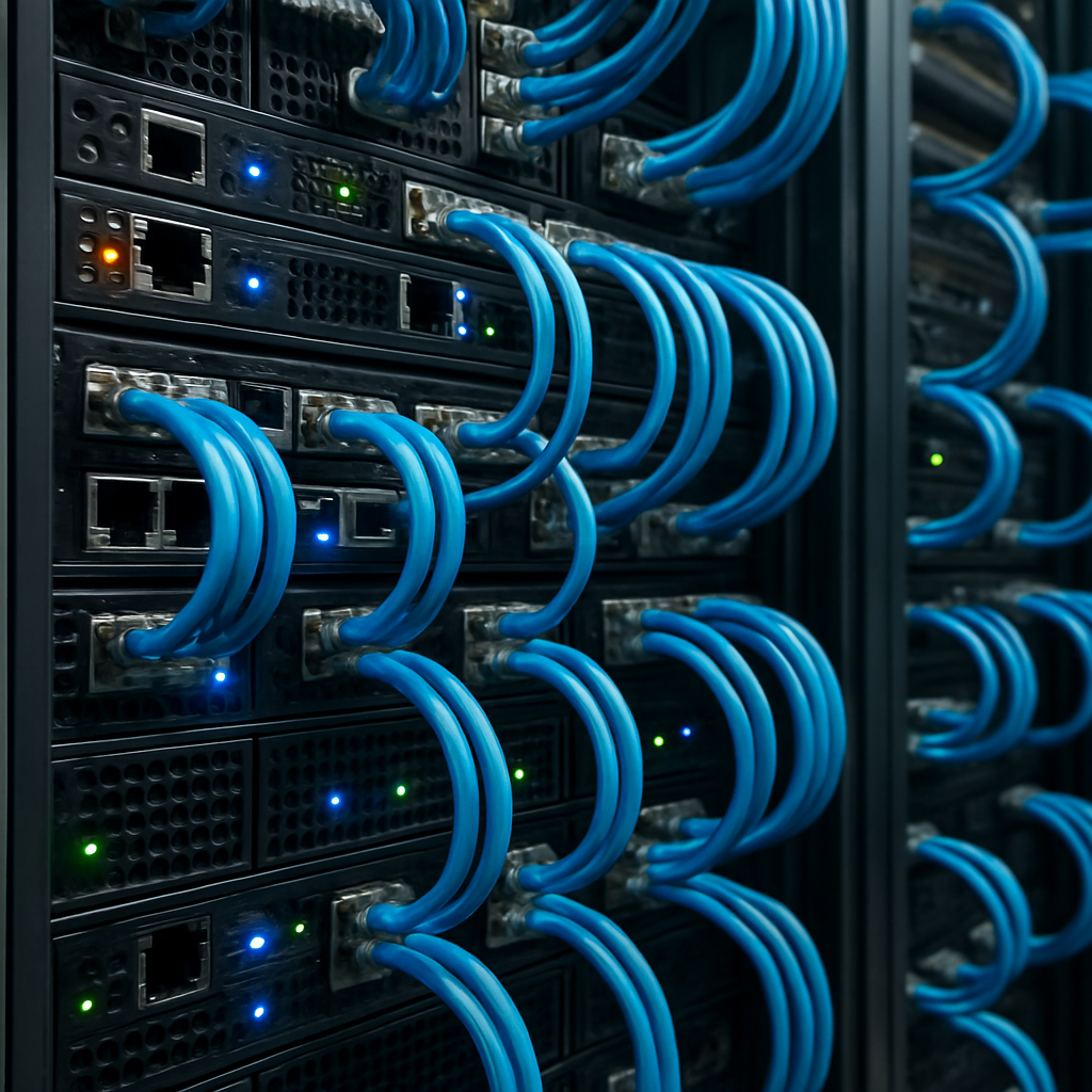 Close-up of server hardware and cabling